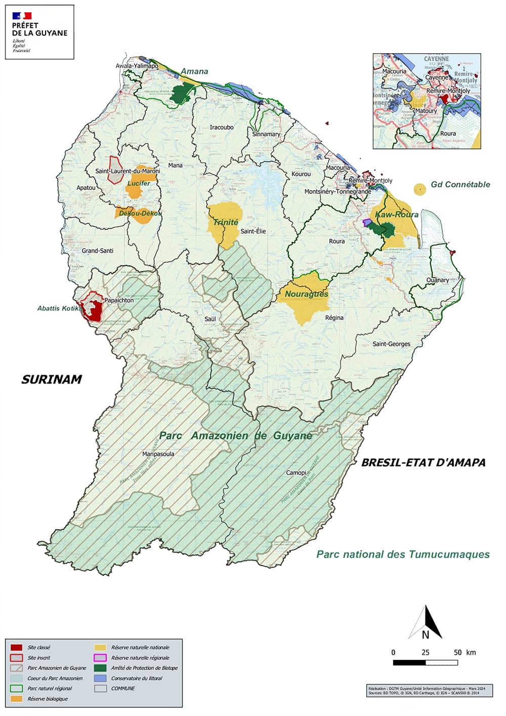 Carte de la Guyane représentant les espaces naturels protégés de Guyane.