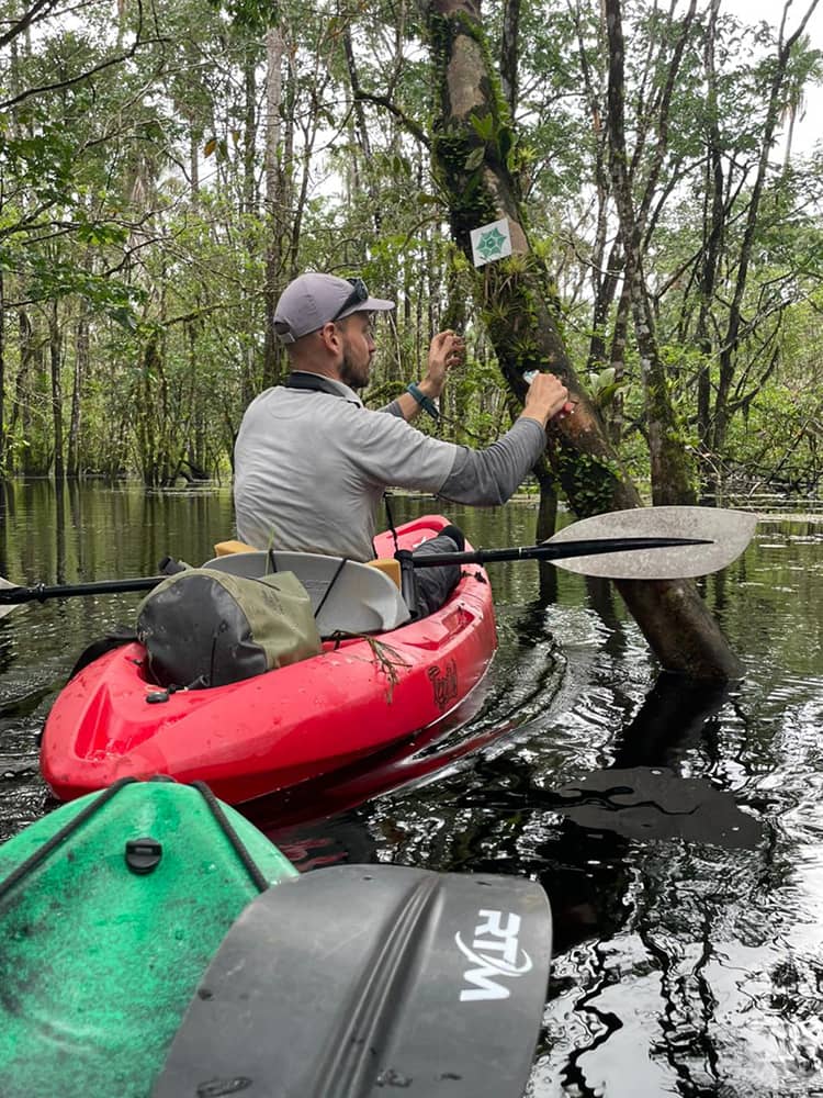 Garde de la Réserve Naturelle de Kaw-Roura en kayak qui pose des panneaux de délimitation de réserve.